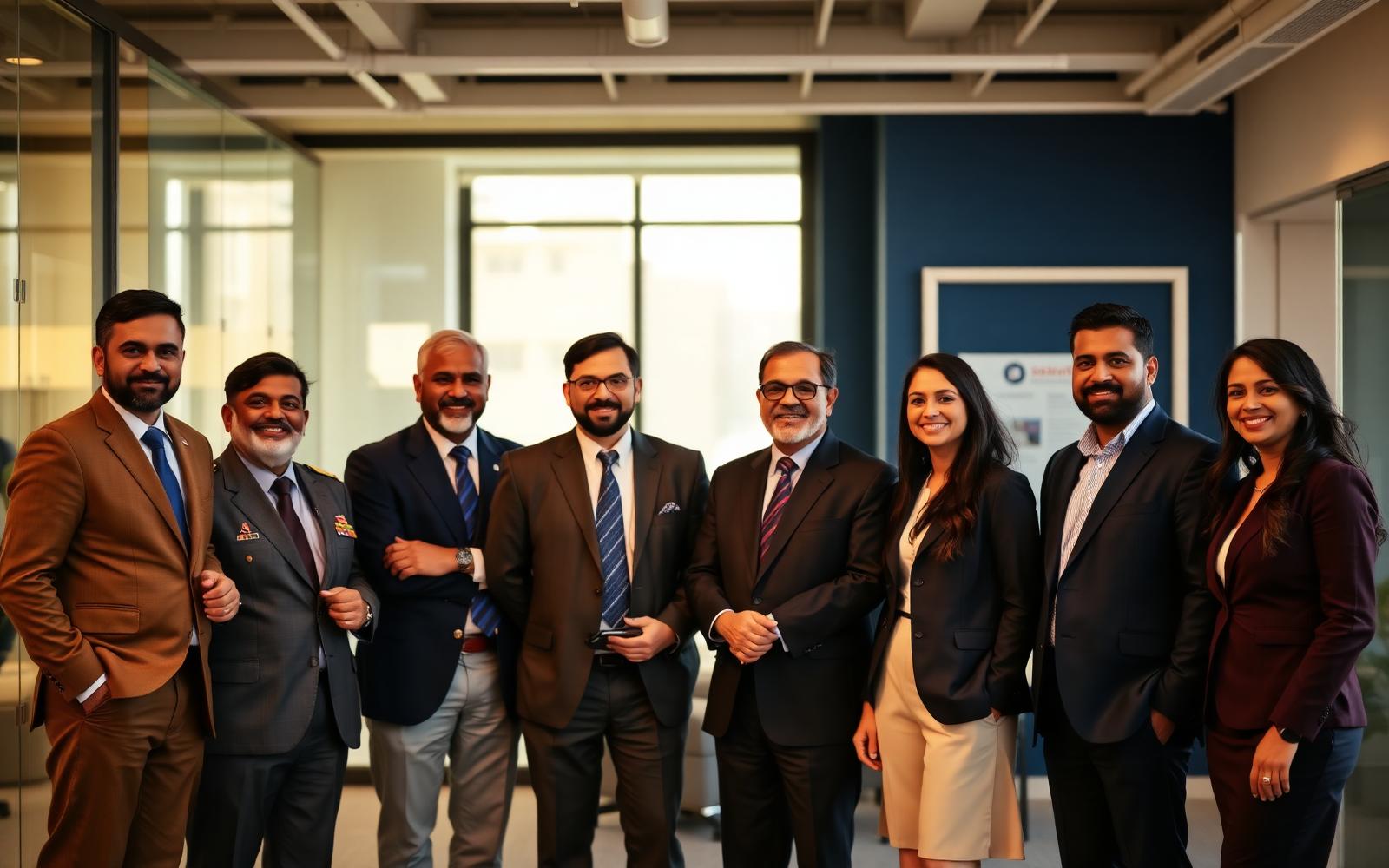 Indian veterans in business attire collaborating in a modern office
